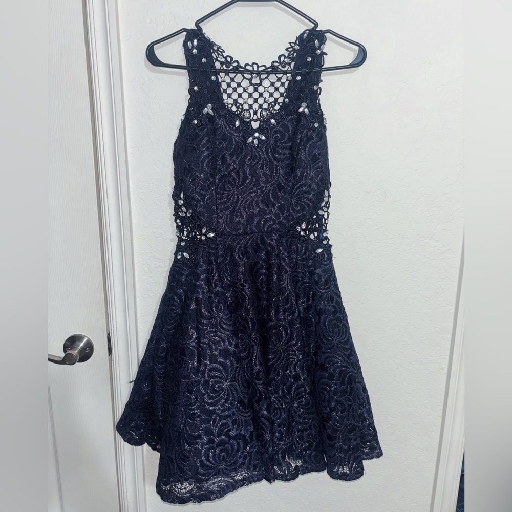 Jodi Kristopher Navy Blue Beaded Sleeveless Dress